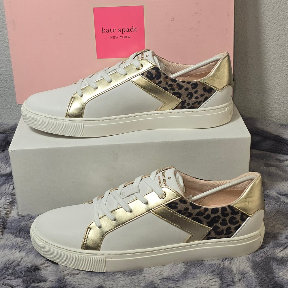 NWB Kate Spade Dash Sneakers White Gold Leopard Print Women 8.5‎